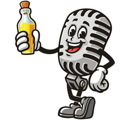 Cartoon mascot character Microphone is holding a bottle of oil