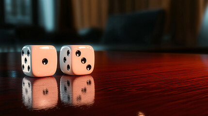 Pair of Dice on a Polished Wooden Table Reflecting Light and Shadow in Atmospheric Setting