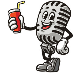 Cartoon mascot character Microphone holding a soft drink