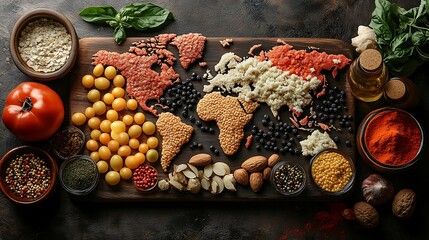 A world map dotted with food from different regions representing the culinary traditions of many countries