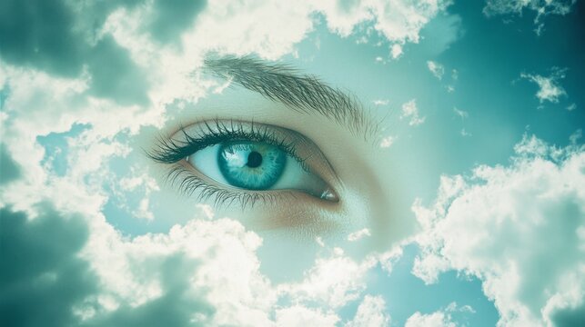 A piercing blue eye looms majestically among dynamic clouds, merging human presence with the vastness of the sky in surreal fusion.