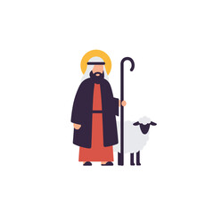 Shepherd guiding sheep in colorful flat vector art style illustration