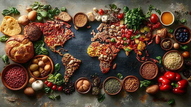 A world map adorned with a variety of foods representing the culinary diversity of different nations and cultures