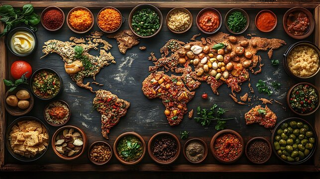 A detailed image of a world map with food dishes from different countries arranged to represent global culinary heritage