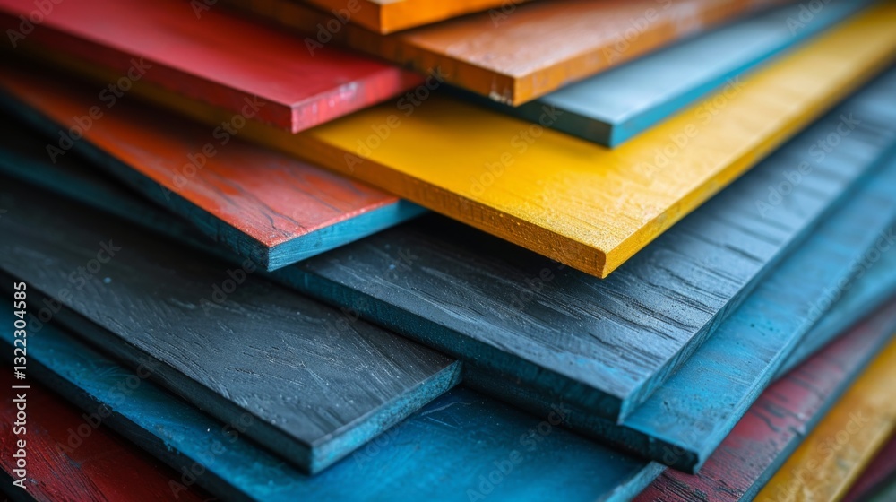 Poster planks of various colors are neatly stacked in a workshop, highlighting the diversity in wood textur