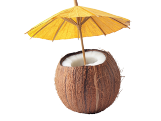 Enjoying a coconut drink with a bright yellow umbrella