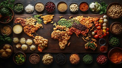 A world map covered with international dishes from different countries illustrating the diverse culinary landscape
