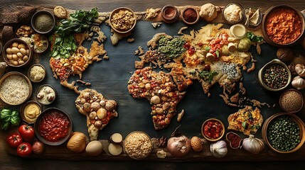 A world map covered with international dishes from different countries illustrating the diverse culinary landscape