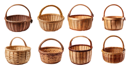 Assorted Woven Baskets with Handles for Storage and Decoration, PNG bundle collection, Isolated on Transparent Background