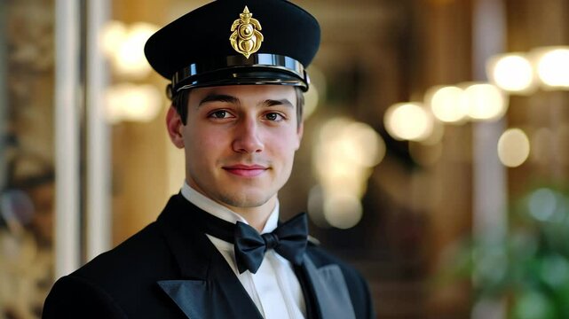 Elegant hotel bellboy poses confidently in a luxurious lobby setting, Elegant hotel bellboy man