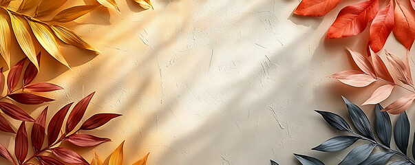 Colorful autumnal foliage frames a textured beige backdrop subtly dappled with light and shadow.