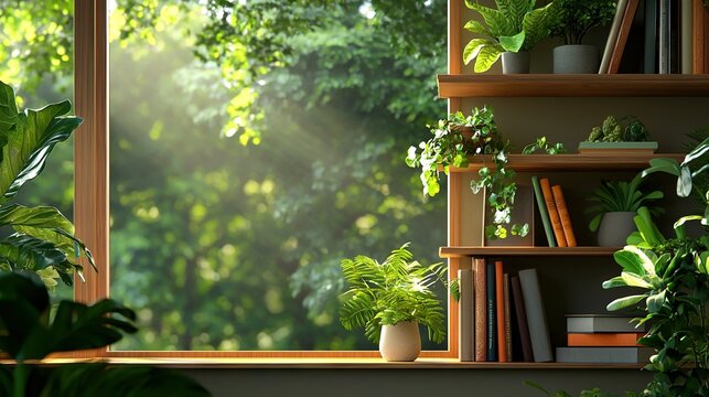  A sill brimming with green foliage sits adjacent to a bookshelf crammed with literature and a pot containing verdant flora