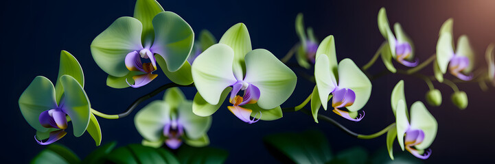 Panoramic shot of lime green phalaenopsis orchids with purple centers arranged in a graceful curved line against a dark background. The flowers show perfect symmetry and delicate details.