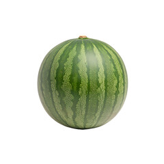 A whole watermelon with a thick green rind with dark green stripes. The fruit is round and has a stem at the top. Isolated on a black background.