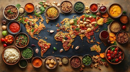 A world map with vibrant dishes from different countries representing the culinary diversity of cultures across the globe