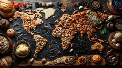 A world map featuring food from different cultures placed to reflect the culinary traditions of countries across the globe