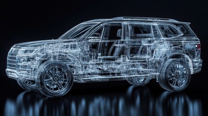 Naklejka premium A meticulously detailed 3D model of a SUV, revealing its intricate inner workings in exquisite detail from a panoramic perspective.