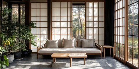 A Modern Living Room With Sliding Panels And Natural Light