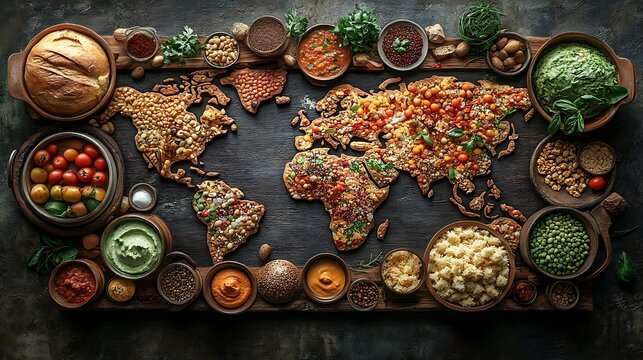A conceptual world map showcasing dishes from different parts of the world highlighting culinary diversity