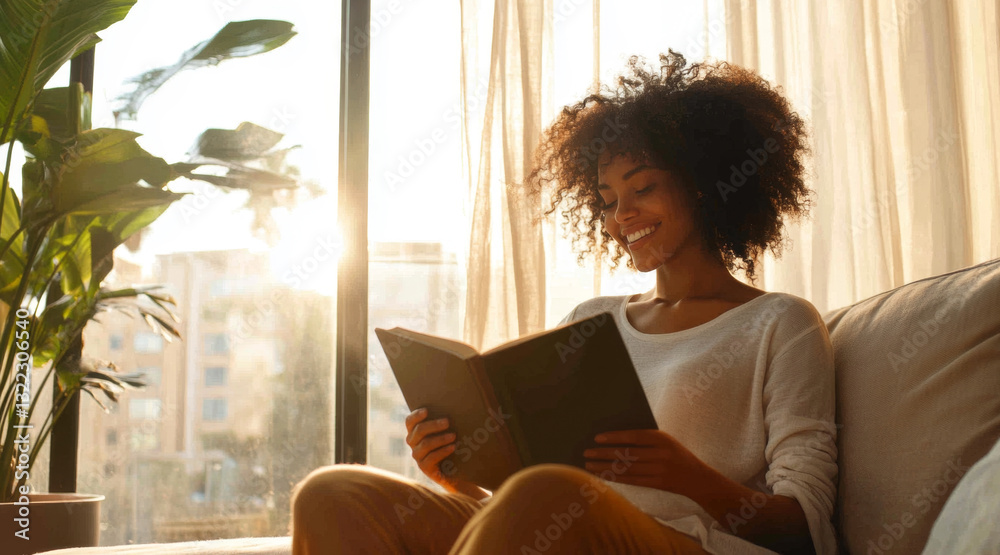 Poster a woman relaxes on a couch at home, reading a book with a smile. sunlight streams through large wind