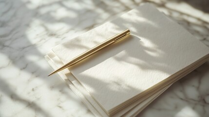 Golden pen on an open notebook with soft shadows and natural lighting on a marble surface