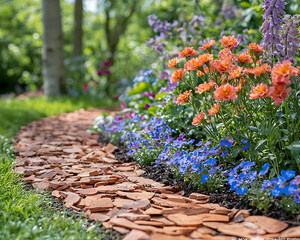 A charming garden path winds alongside a colorful flowerbed bursting with orange blue and purple blooms under a bright dappled sunlight.