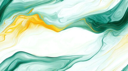   A green, yellow, and white abstract painting with a central yellow stripe on a white background