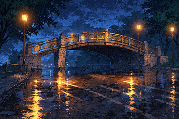A rainy night scene of an old stone bridge glowing under dim lamps with wet pavement reflecting soft golden light