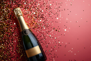 Celebratory still life with champagne bottle and sparkling gold confetti on a red background suggesting a festive occasion.