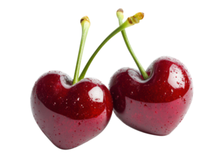 Heart-shaped cherries with droplets on a white backdrop
