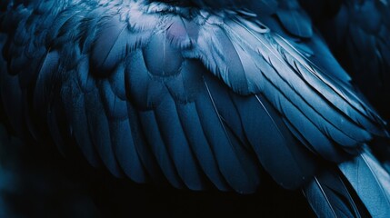 Fototapeta premium Detailed view of overlapping dark blue feathers, emphasizing their rich textures and nuanced shades in natural light.