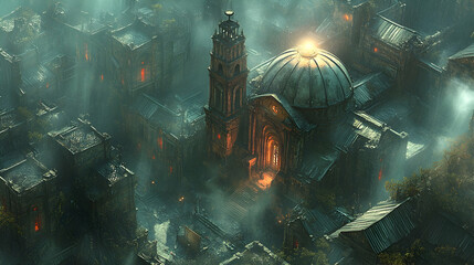 Naklejka premium Misty, Ancient Cityscape