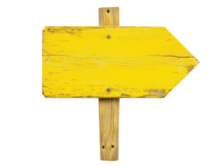 Bright yellow wooden arrow sign pointing to the right