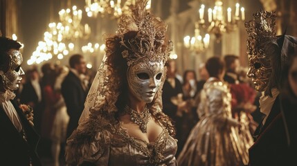 A grand masquerade ball scene, filled with ornate costumes and intricate masks, captures the elegance and mystery of the opulent gathering.
