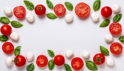 Naklejka premium A white background with red tomatoes, white mozzarella balls, and green basil leaves arrange