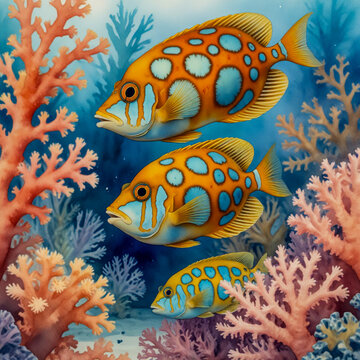 Watercolor Illustration of a Group of Harlequin Filefish Hiding Among Soft Corals in the Maldives