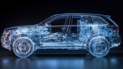 Naklejka premium A meticulously rendered 3D illustration unveils the intricate workings of an SUV, its exterior exposed through a transparent 