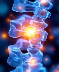 Spinal health and pain management. Digital medical illustration of back pain. Transparent vertebrae with neural inflammation