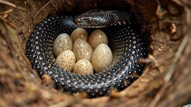 A black snake protects its clutch of speckled eggs nestled in a burrow, showcasing nature's maternal instincts in the wilderness
