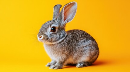 Fototapeta premium Cute grey bunny rabbit sitting on yellow background.