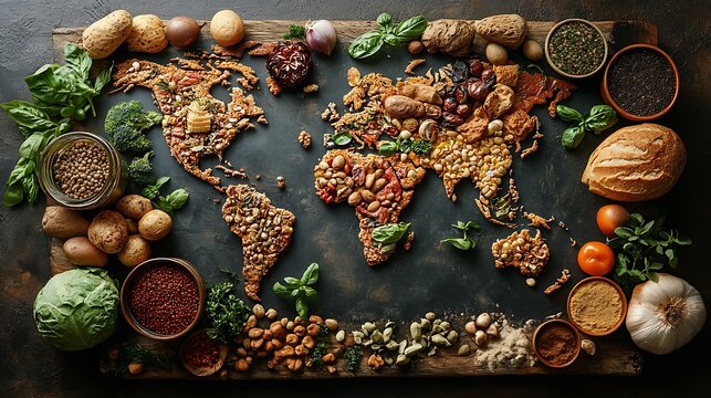 A world map filled with food items from different countries symbolizing global culinary exploration