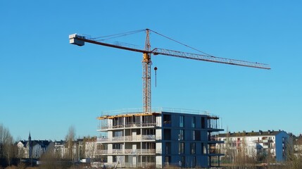 Tower Crane Building A Modern House In Flat Vector Illustration Symbolizing Real Estate Development, Construction Progress, And Urban Growth, Isolated On White Background.