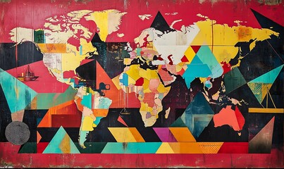 Fototapeta premium Colorful Abstract Representation of the World Map Displayed on Wood