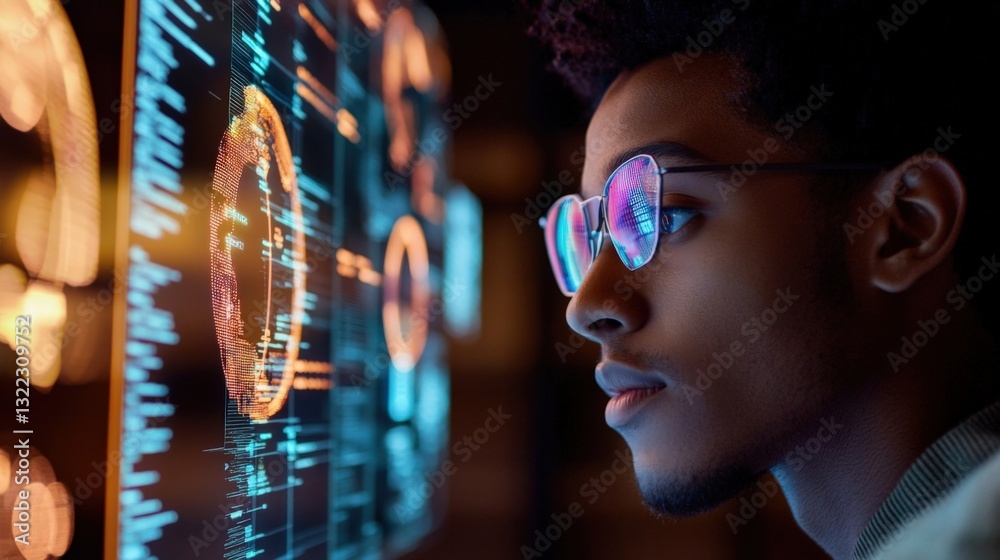 Poster software developer wearing glasses concentrating on complex code displayed on a futuristic transpare