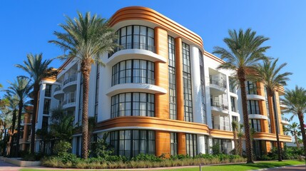 Modern luxury hotel building with palm trees.