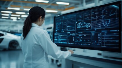 Automotive engineer working on electric vehicle design in futuristic laboratory