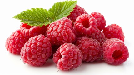 Fresh raspberries with green leaves isolated on a clean white background for culinary uses