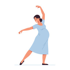 Obraz premium Pregnant woman dancing joyfully in a blue dress, flat vector art illustration