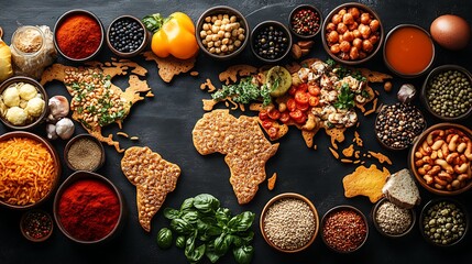A world map filled with a variety of global foods arranged to symbolize cultural diversity in international cuisine