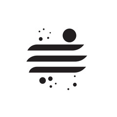 A modern and abstract black-and-white logo featuring sleek, curved lines and scattered circular elements, evoking a sense of movement, fluidity, and cosmic energy. The design is minimalistic yet dynam